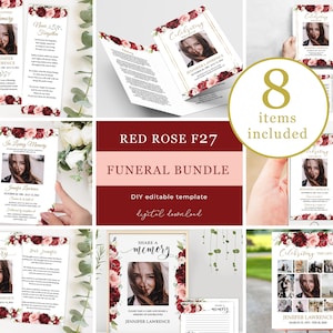 Könnte beinhalten: Ein digitales Download-Paket mit 8 druckbaren Trauerfeier-Vorlagen mit roter Rose und rosafarbenem Blumendesign. Die Vorlagen beinhalten ein Gedenkprogramm, eine Karte zum Teilen von Erinnerungen, ein Gedenkschild und eine Fotocollage. Der Text auf dem Bild lautet "Red Rose F27 Funeral Bundle, DIY editable template, digital download".