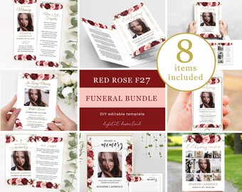 Red Pink Roses Funeral Bundle Template Floral Celebration of Life Bundle Printable In Loving Memory Package Suite #F27