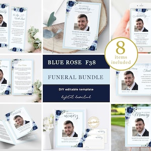 Editable funeral bundle template blue roses for men and women, blue celebration of life bundle man, printable in loving memory suite F38