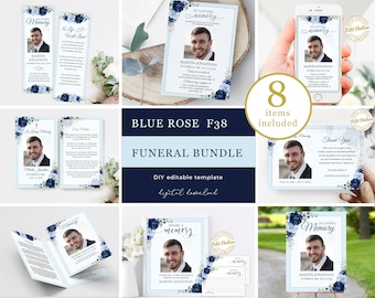 Editable funeral bundle template blue roses for men and women, blue celebration of life bundle man, printable in loving memory suite F38