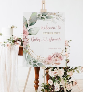 Signo de bienvenida de baby shower, signo de bienvenida de baby shower floral, signo de baby shower de niña, cartel de bienvenida floral rosa, signo floral rosa rubor #BB23