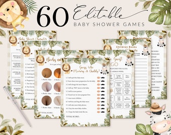 Paquete de juegos para baby shower de safari, baby shower de jungla, descarga instantánea de juegos editables para baby shower de safari, juegos imprimibles de safari, n.° BB15