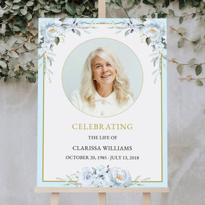 Funeral Welcome Sign Editable Womens Celebrating The life of Funeral Sign With Photo Blue Flowers Funeral Poster Template Funeral #F53