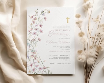 May include: A white invitation card with a floral design in shades of pink and blue. The text reads "Join us to celebrate the First Holy Communion of our daughter Catherine Williams." The event details include the date, time, and location.
