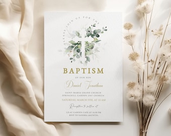 Baptism Invitation Template, Christening Invite, Printable Baptism Invite, Editable Invitation, Greenery Baptism, Baptism Invitation, #BP36