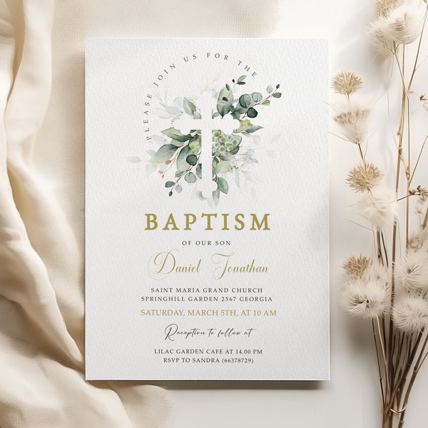 Plantilla de invitación de bautismo, invitación de bautizo, invitación de bautismo imprimible, invitación editable, bautismo con vegetación, invitación de bautismo, #BP36