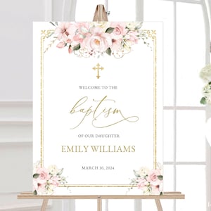Editable Baptism Welcome Sign Template Pink Flowers Gold Frame Baptism Welcome Poster Printable Baptism Poster, Instant Download, #BP64