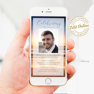 May include: A digital memorial card template with a sunset background and a photo of a man. The text reads "Celebrating the Life of Martin Jonathan, October 20, 1985 - July 13, 2018. Service to be held at Sunday, July 14, 2018 at 6 PM Saint Maria Memorial Garden Newyork, NY. Followed by a reception at The Lawrence's Residence Old Boulevard 12366, Newyork, NY."
