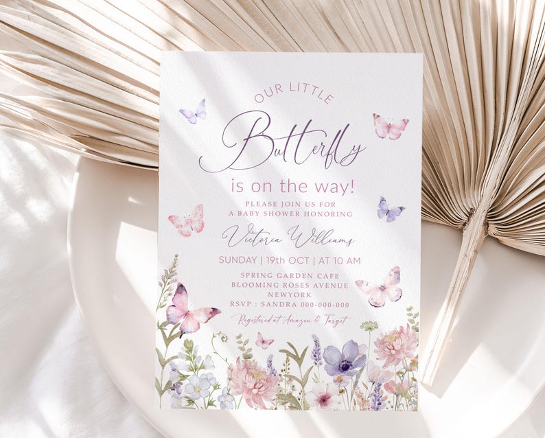 Editable Butterfly Baby Shower Invitation, Purple Butterfly Invite Template, Butterfly Baby Shower Girl, Butterflies and Flowers Pink