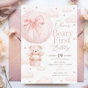 Invitación editable para el primer cumpleaños de Beary, invitación para el primer cumpleaños, invitación de cumpleaños con globo rosa y lazo para niña Bear, plantilla de cumpleaños rosa n.° BD107