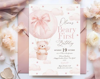 Editable Beary First Birthday Invitation, 1st Birthday Invite, Bow Bear Girl Pink Balloon Birthday Invitation, Pink Birthday Template #BD107