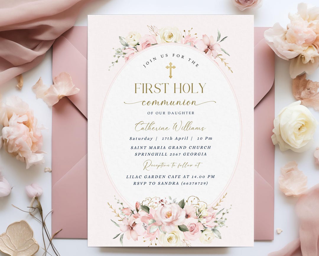 Girl First Holy Communion Invitation Template Digital Blush Pink ...