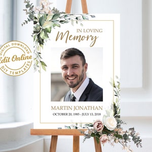 Funeral Welcome Sign Template, Greenery Eucalyptus Memorial Service Sign, Celebration of Life,  Memorial Poster Funeral Sign For Man