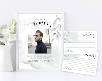 Share a memory cards greenery leaves, funeral memory card for man, printable share a memory card, funeral share a memory sign for men F13