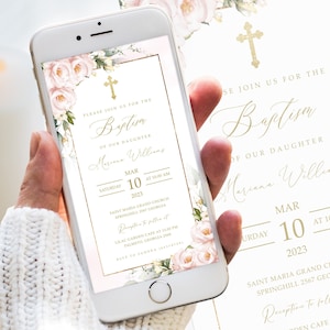 Baptism Invitation, Girl Christening Invitation Template, Pink Christening Invite Template, Pink Blush Flower, Girls Pink Gold Evite #BP12