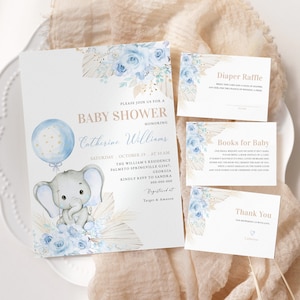 Editable Elephant Baby Shower Invitation, Blue Balloon Baby Shower Invite, Baby Boy Elephant Invitation  Printable Template Instant BB358
