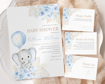 May include: Blue and gold baby shower invitation with a watercolor illustration of a blue elephant holding a balloon. The invitation includes the text "Please join us for a baby shower honoring Catherine Williams".