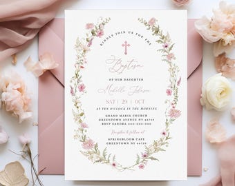 Wildflower Baptism Invitation Template, Printable Floral Baptism Invite, Girl Baptism Invitation, Pink Baptism, Christening Invite #BP172
