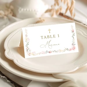 Marque-place pour baptême filles, baptême rose rose, faire-part de baptême imprimable, téléchargement immédiat, souvenirs de baptême de bébé, siège de table floral #BP31