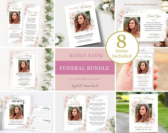 Pink Roses Funeral Bundle Template Floral Celebration of Life Bundle Printable In Loving Memory Package Suite #F109