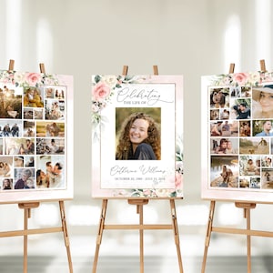 May include: Three floral-themed memorial posters with a collage of photos and a larger photo of a woman. The middle poster has the text "Celebrating the life of" and "Catherine Williams" with dates.