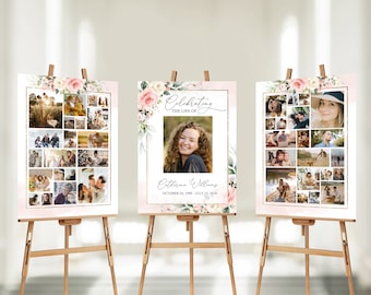 SET Funeral Sign Collage Templates, Blush Pink Funeral Photo Collage, Celebration of Life, Editable Display Memorial Poster template #F21C