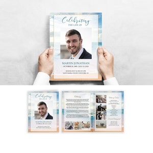 Plantilla de programa funerario plegable con letras Beach Blue Sea, programa de servicio conmemorativo grande, programa de obituarios, tamaño de carta plegable 8.5x11" #F125