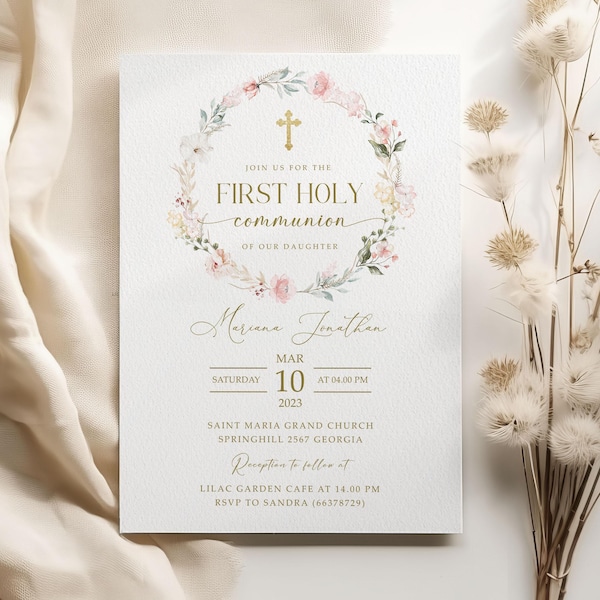 Plantilla de invitación para Primera Comunión, diseño rústico de flores rosas, imprimible, descarga instantánea, editable, n.° HC31