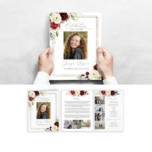 Plantilla de programa funerario editable con rosas blancas rojas Programa de servicio conmemorativo floral Programa de obituario Doble pliegue 8.5"x11" Tamaño carta #F45