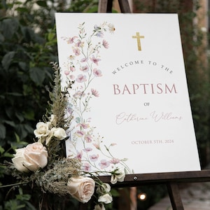 Girl BAPTISM WELCOME Sign Template, First Communion, Baptism Welcome Sign, Baby Pink Christening, Baby Girl Baptism Sign #BP56