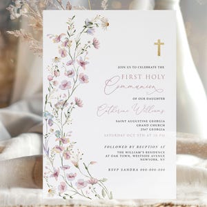 Girls First Communion Invitation Template, Pink Wildflower First Communion, Printable Invite, Instant Download, Editable Invitation