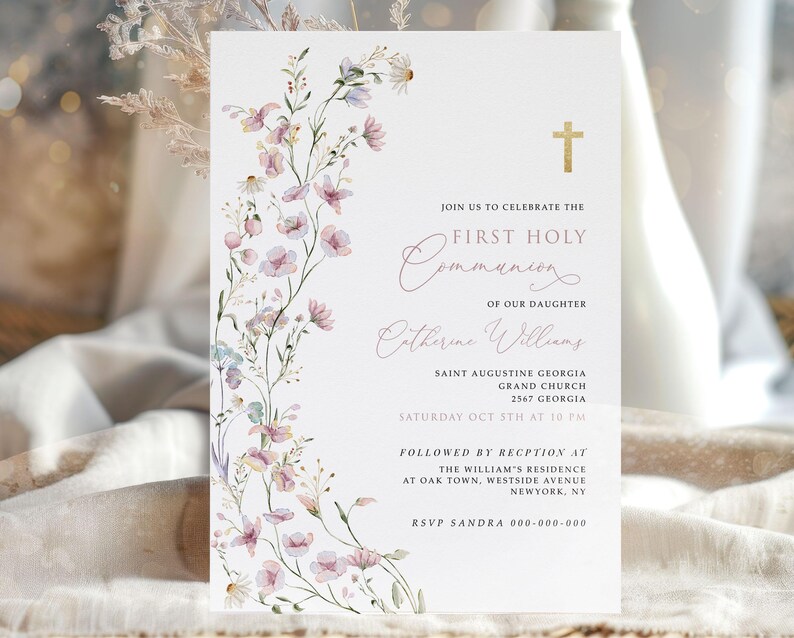 Girls First Communion Invitation Template, Pink Wildflower First Communion, Printable Invite, Instant Download, Editable Invitation