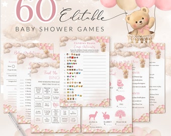 Editable Pink Bear Baby Shower Games, 60 Game Bundle (Digital Download) #BB58