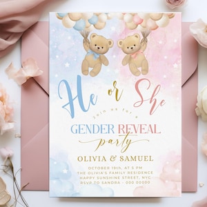 Modèle d&#39;invitation révélateur de genre ours, invitation à une fête de révélation de genre minimaliste, invitation moderne neutre sexiste, modèle modifiable # BB93