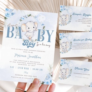 Garçon d'invitation de baby shower d'éléphant, téléchargement modifiable d'invitation de baby shower de ballon bleu, jeu d'invitation de garçon de modèle d'invitation # BB222