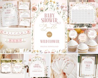 Puede incluir: Un paquete de descarga digital para un baby shower con temática de flores silvestres. El paquete incluye invitaciones, pancartas de bienvenida, adornos para cupcakes, un letrero y juegos. El diseño presenta ilustraciones de acuarela de flores silvestres rosas y blancas.