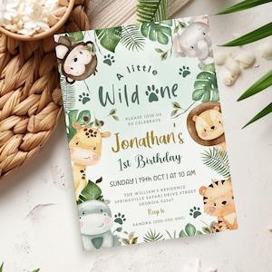 Wild One Birthday Boy Invitation, EDITABLE Safari Animals Party Invite Template, Jungle Safari Theme First Birthday, Instant Download #BD23