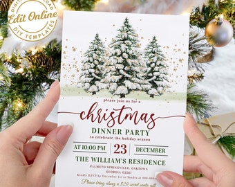 Op de afbeelding: Een uitnodiging voor een kerstdiner met een aquarel illustratie van met sneeuw bedekte dennenbomen en gouden accenten. De uitnodiging bevat de tekst "christmas DINNER PARTY" en evenementdetails.