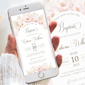 Invitation numérique de baptême BOHO blush herbe de la pampa, rose rose, invitation téléphonique pour baptême, modèle d'invitation électronique par texte pour baptême, invitation par téléphone BP131