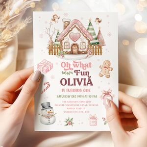 Editable Christmas Birthday Invitation Girl, Oh What Fun Christmas Birthday Party, Pink Christmas Birthday Party, Instant Download #BD49