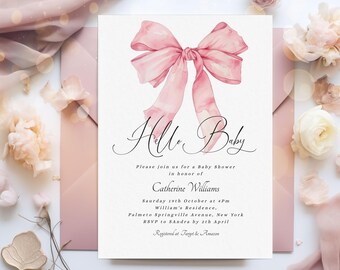 Editable Pink Bow Baby Shower Invitation Template Printable Baby Girl Pink Coquette Baby Shower Invite Baby Shower Invitation Girl Bow BB166