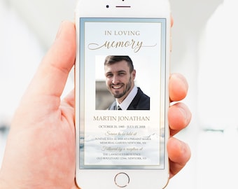 May include: A digital memorial card with a photo of a man, the text "IN LOVING memory", and the name "MARTIN JONATHAN". The card includes the dates "OCTOBER 20, 1985 - JULY 13, 2018" and details about a service and reception.