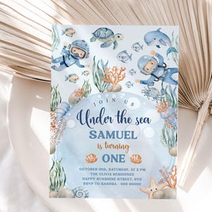 Duiker zee verjaardagsuitnodiging, bewerkbaar onder de zee feestuitnodiging, nautische elke leeftijd kinderen sjabloon, Sea Life Card, koraalrif #BD54