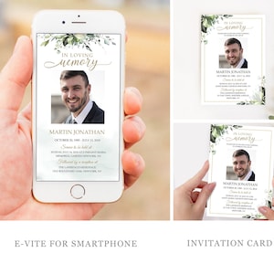 May include: A digital memorial card with a green and white floral design. The card features a photo of a man and the text "In Loving Memory" with the name "Martin Jonathan" and dates. The card also includes information about the memorial service and reception.