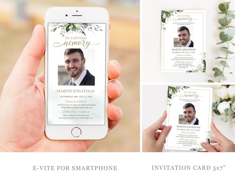 May include: A digital memorial card with a green and white floral design. The card features a photo of a man and the text "In Loving Memory" with the name "Martin Jonathan" and dates. The card also includes information about the memorial service and reception.