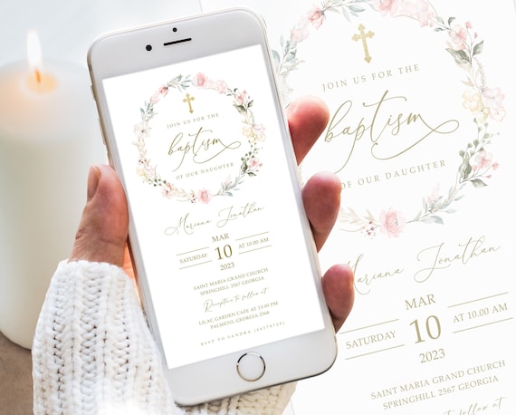 Digital Baptism Text Invitation Template, Rustic Pink Flowers, Pink Baptism Text Invite, Editable, Electronic, Instant Download #BP31