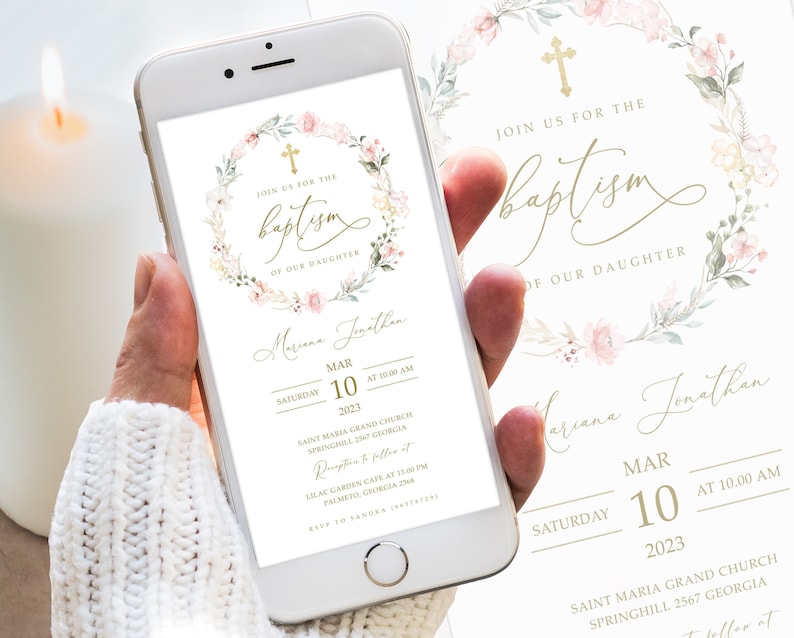 This is an editable smartphone baptism invitation/ announcement template with boho pink flower that you can instantly edit, download and print yourself. This does not require any program or fonts to download.