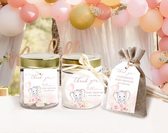 May include: Pink and white baby shower favor tags with a cute elephant illustration and the text "Thank you Catherine's Baby Shower".