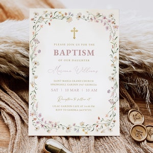 Fille d'invitation de baptême de fleurs sauvages, modèle d'invitation de baptême, téléchargement d'invitation de baptême fille, invitation de baptême rose téléchargement immédiat #BP65