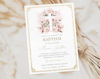 Editable Baptism Invitation Blush Pink Rose Baptism Invitation Pink Girl Baptism Christening 1st Communion Invitation Instant Download  #BP5